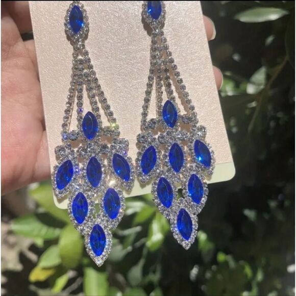 Silver Blue Sapphire Crystals  Chandelier Diamond Earrings - Picture 2 of 2